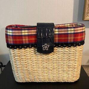 Brighton Straw Basket Shoulder Bag with Red Plaid Trim and Dark Leather Accent
